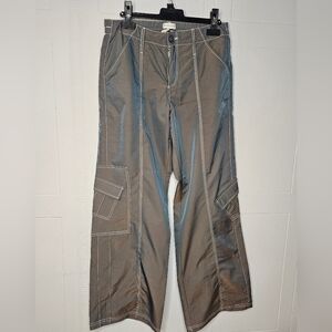 Urban Outfitters Olive Green White Stitch Shiny Wide Leg Mid Rise Cargo Pants S